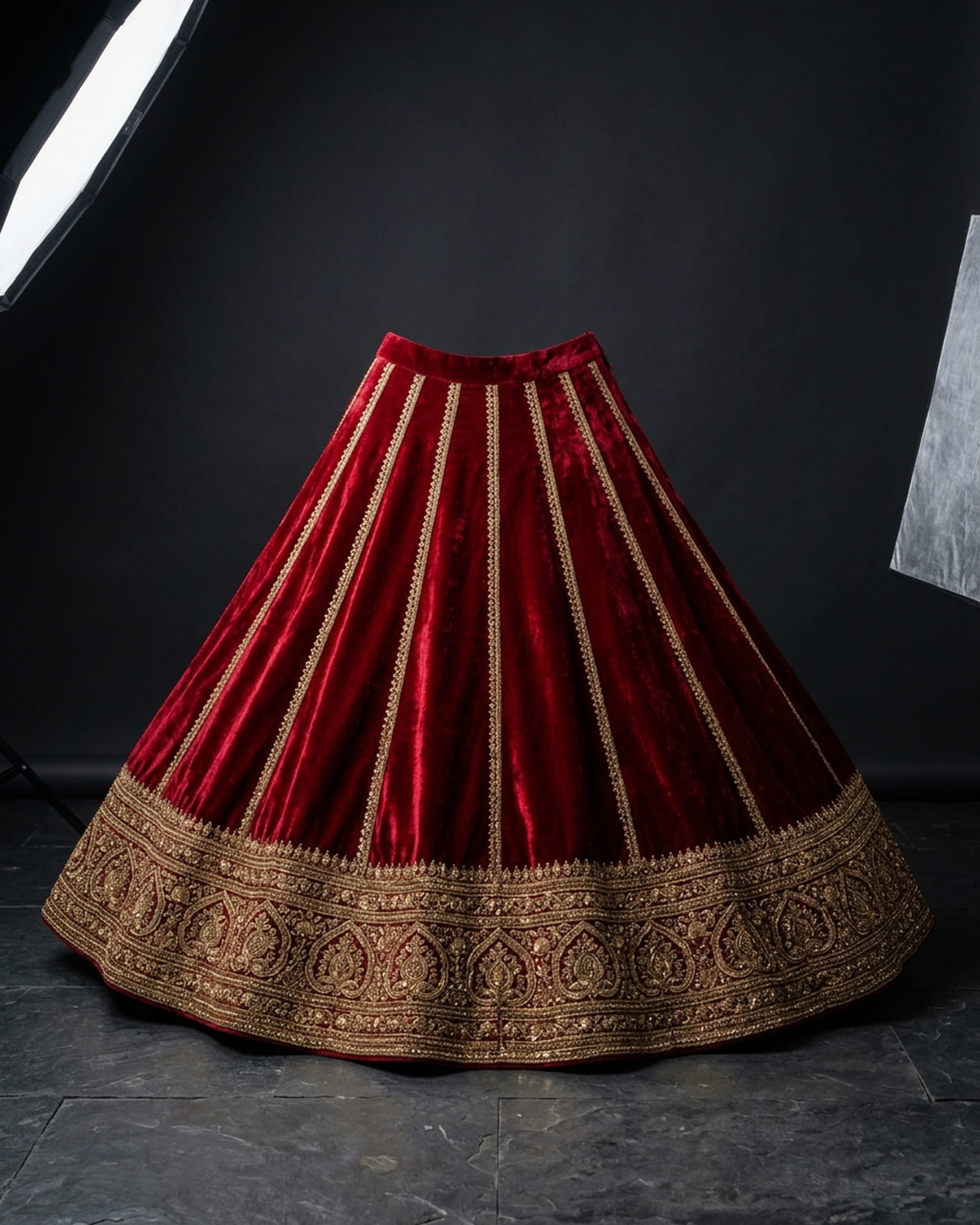 Crimson micro 9000 silk velvet bridal lehenga with dabka, zardozi and moti hand embellishment