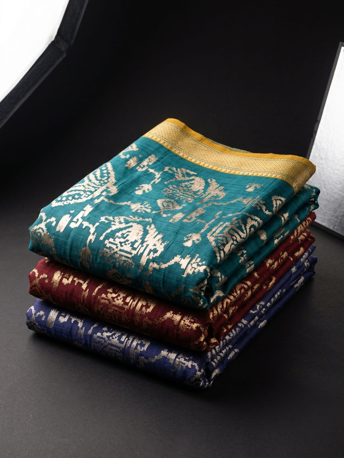 Dola silk, blooming georgette and organza festive saree fabrics fanned in overlapping bands