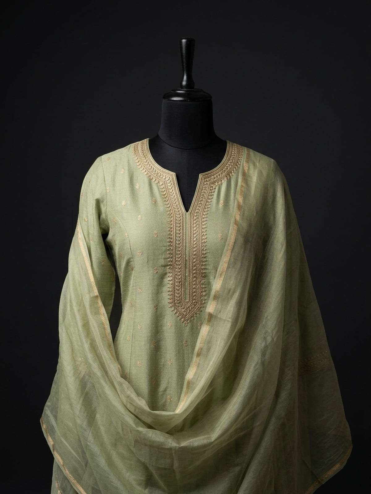 Folded Chanderi, cambric cotton and Kashmiri tilla embroidered suit fabrics